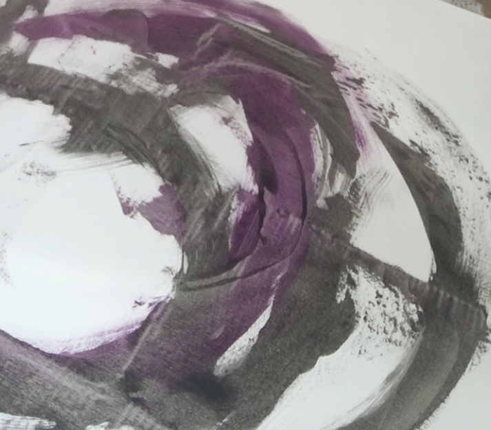 Detail of abstract painting process with circles in grey and violet on white canvas